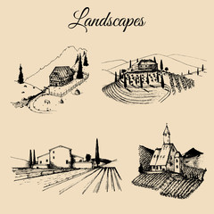 Vector farm landscapes illustrations set. Sketches of villa, vineyard, abbey,agricultural homestead in mountains,fields.