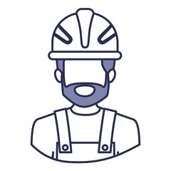 blue contour of half body of faceless bearded male worker with helmet vector illustration