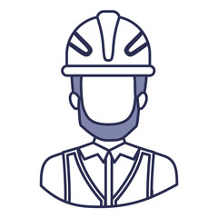 blue contour of half body of faceless male bearded architect with helmet vector illustration