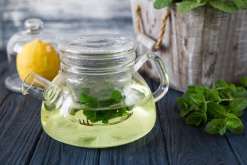 Mint tea with fresh mint leaves. selective focus, copy space