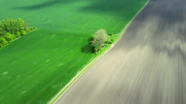 Aerial view of agricultural landscape. Scenic footage of rural land in a spring time.
