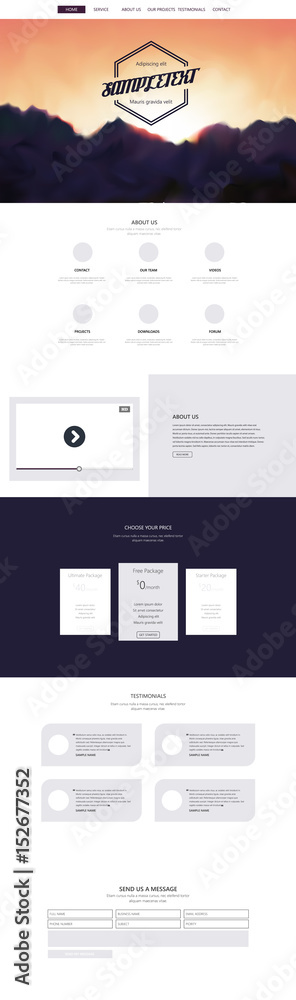 Wall mural one page website template with abstract mountains header design.