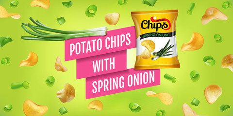 Potato chips ads. Vector realistic illustration of potato chips with spring onion. Horizontal banner with product.