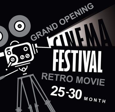 Vector cinema festival poster with old fashioned movie camera. Movie background with words retro movie grand opening. Can used for banner, poster, web page, background