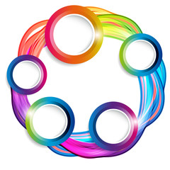 Abstract colorful hoop circle frames with tails on a light background.