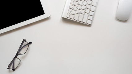 workspace desk with   keyboard and ltaplet copy space background  white