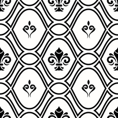 Seamless black and white pattern. Modern geometric ornament with royal lilies. Classic vintage background