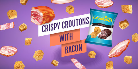 Vector realistic illustration of croutons with bacon.