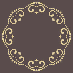 Oriental golden round frame with arabesques and floral elements. Floral fine border with vintage pattern. Greeting card with place for text