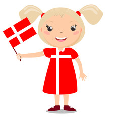 Smiling child, girl, holding a Denmark flag isolated on white background. Cartoon mascot. Holiday illustration to the Day of the country, Independence Day, Flag Day.