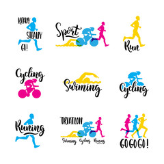 Sports logo with colored letters hand written on the topic of Cycling, swimming, running, triathlon