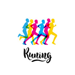Logo sports running event with lettering written with a brush. Vector image in a flat style with a group of runners athletes on a white isolated background