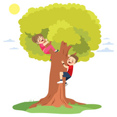 Two cute happy little children having fun climbing big tree