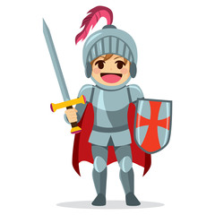 Cute little brave knight boy holding sword and shield