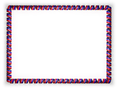 Frame and border of ribbon with the Haiti flag, edging from the golden rope. 3d illustration