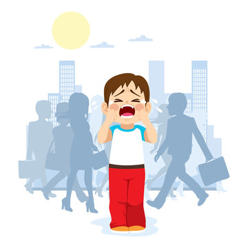 Cute little child crying because he is lost in the city with silhouette people on background