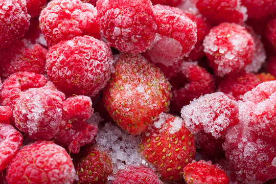 Many frozen berries for natural background. Selective focus