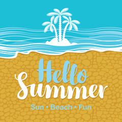 Fototapeta na wymiar vector travel banner with the sea, beach sand, gravel and palm trees and the words hello summer