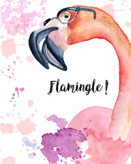 Watercolor pink Flamingo in glasses