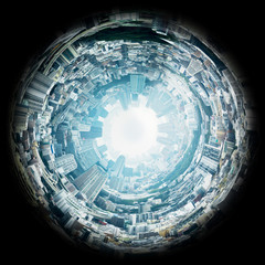 Circle panorama of urban city skyline, such as if they were taken with a fish-eye lens