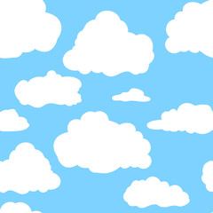 Blue sky with white clouds. Hand drawn seamless pattern. Vector illustration in cartoon style