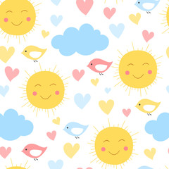 Cartoon sun, cloud. heart and bird background. Seamless pattern for kid textile and other print. Vector illustration