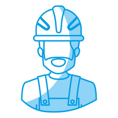 blue silhouette with half body of faceless bearded male worker with helmet vector illustration