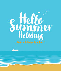 vector travel banner with the inscription hello summer holidays with the beach, sea, gulls and ship