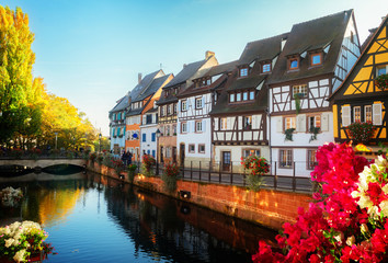 Fototapeta na wymiar cityscape of Colmar, beautiful town of Alsace, France, retro toned