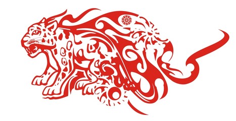 Flaming jaguar symbol. Growling sitting jaguar with tongues of flame ready for a tattoo art, an engraving, an embroidery, as a decorative element and another © lion21