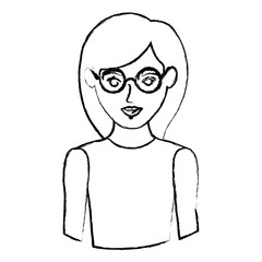 monochrome blurred contour with half body of woman with glasses and sleeveless shirt vector illustration