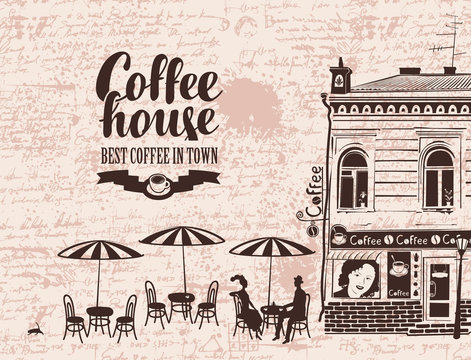 Fototapeta urban landscape with street cafes and love couple on the background of manuscript with blots. Banner for coffee house with old building and inscription in retro style