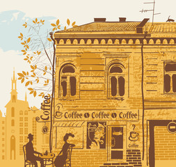 Obraz premium city landscape with a street cafe and a couple on the background of the old town. A coffee house in an old building with a woman's face in the window and a cat on the roof in retro style