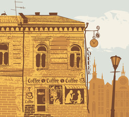 Naklejka premium city landscape with facade of a cafe and a couple on the background of the old town. A coffee shop in an old building with a woman's face in the window and a cat on the roof in retro style