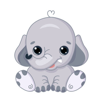 Cute cartoon elephant in kawaii style. Isolated on white background.