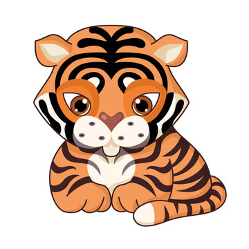 Cute cartoon tiger in kawaii style. Isolated on white background.