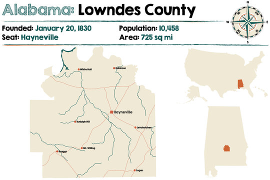 Large and detailed map of Lowndes County in Alabama.