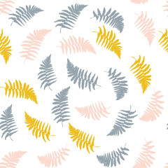 
Vector floral pattern with  fern leaves in pink, yellow and gray. Pastel colors on white background.
