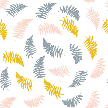 
Vector floral pattern with  fern leaves in pink, yellow and gray. Pastel colors on white background.
