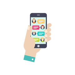 Hand with smartphone and chatting bubble speeches. Chat icon, message on smartphone screen. Online conversation concept. Flat design vector illustration.