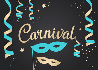 Celebration festive background with confetti, hanging pennants and carnival masks. Carnival card template vector illustration