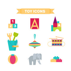 Toys collection isolated on white background. Including drum, ball,  elephant, cubes toys. Modern flat style vector illustration