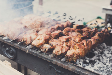 Beef kebab. Fresh roasted meat at grill, bbq, closeup