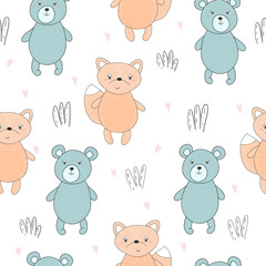 Obraz premium Lovely seamless pattern with cute foxes and bear. Awesome background in bright colors in vector