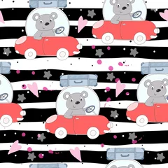Tapeten Tiere im Transport nahtloses Muster mit süßem Teddybär in der Autovektorillustration