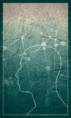 Profile of the head of a man. Mental health relative brochure or report design template. Scientific medical designs. Molecule And Communication Concrete Textured Background. Connected lines with dots.