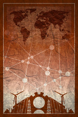 Energy generation and heavy industry. Modern brochure, report or cover design template. Molecule And Communication Concrete Textured Background. Connected lines with dots. World map