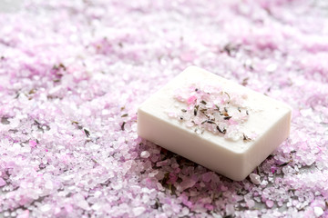 Spa composition with pink sea salt and soap Dried lavender Copy space
