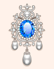 Illustration  brooch with pearls and precious stones. Filigree victorian jewelry. Design element