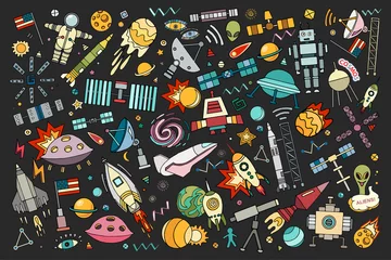 Poster Im Rahmen Cartoon vector illustration of space.Moon, planet, rocket, earth, cosmonaut, comet universe Classification milky way © lubashka